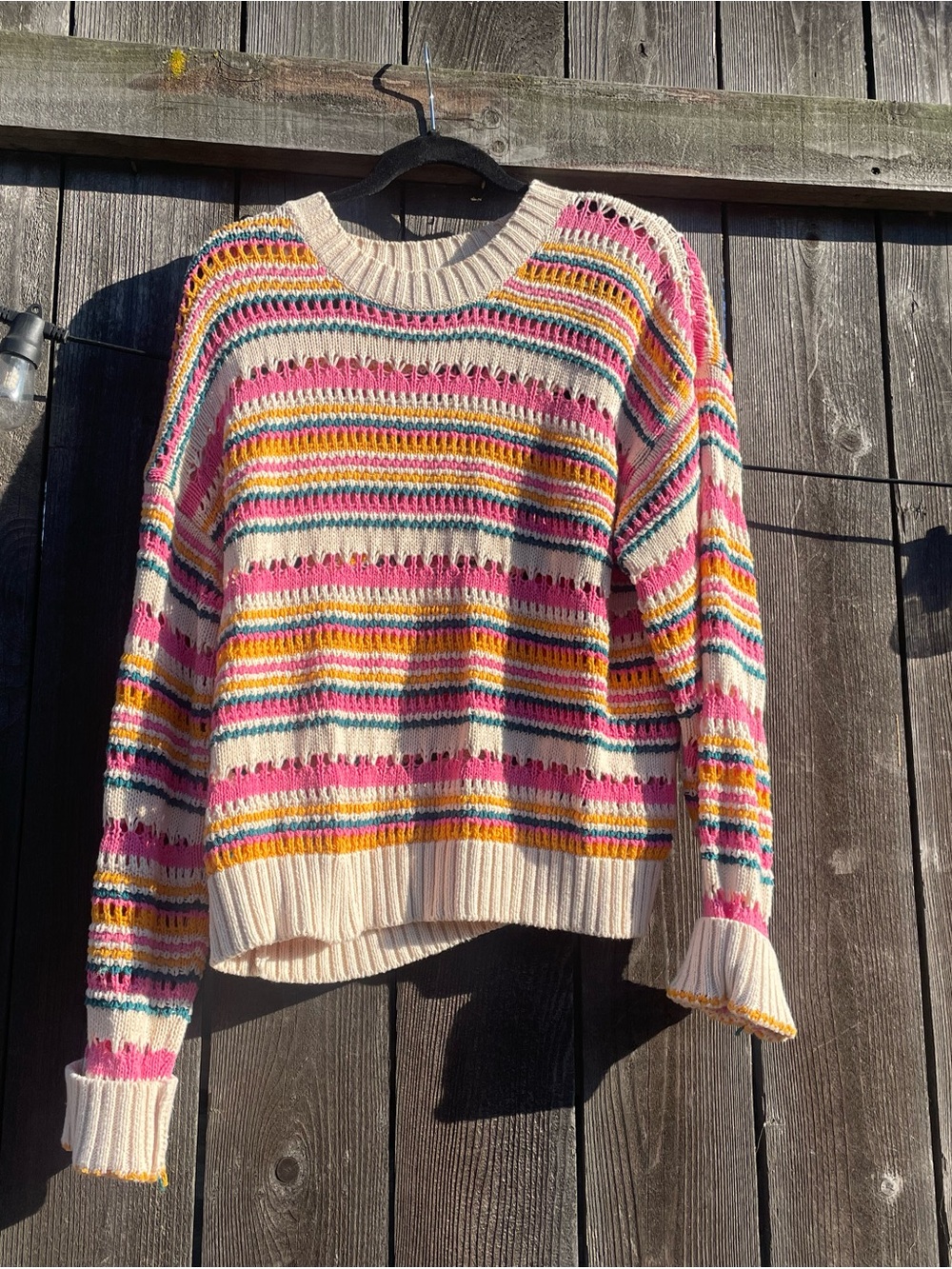 Zara Cream Knit Sweater with Pink, Yellow & Teal Stripes